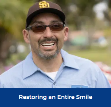 A smiling man in sunglasses and a hat, with the text "restoring an entire smile" displayed alongside him.